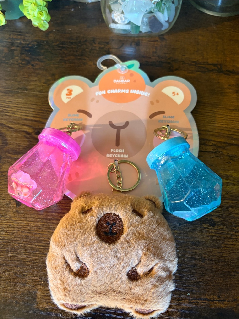 Daiso Bear Plush Keychain with Pink and Blue Glitter Slime Charms